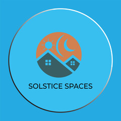 Modern Real Estate Logo Design with Sun, Moon, and Houses on Blue Background