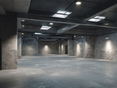 A large empty room with a concrete ceiling and a concrete floor