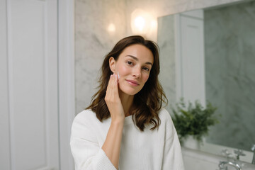 Woman applying skincare in a bright bathroom during morning routine