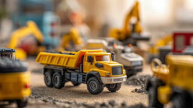 Detailed miniature model of a yellow dump truck on a construction site surrounded by other small-scale construction equipment and vehicles on sandy terrain