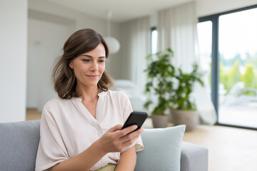 Woman enjoying a peaceful moment while texting in a cozy room