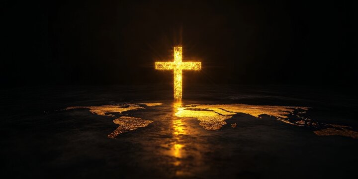 Glowing golden cross over world map, Christianity and faith concept, global church mission, spiritual hope and salvation, dark background, copy space.