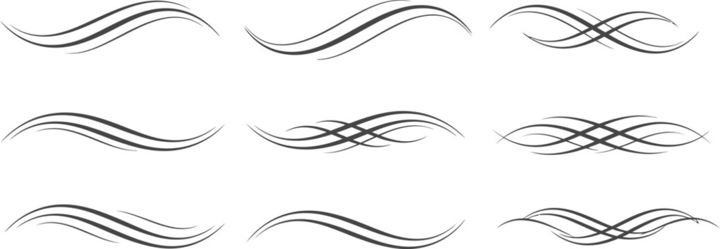 Collection of nine dark grey abstract curved line decorative on white background black border calligraphy
