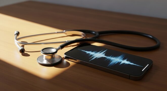 Stethoscope and smartphone with voice wave display demonstrating AI agent medical scribe concept. Future healthcare technology for data recording.