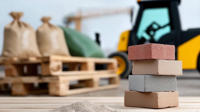 Timelapse of construction blocks stacked with moving excavator and cranes in the background