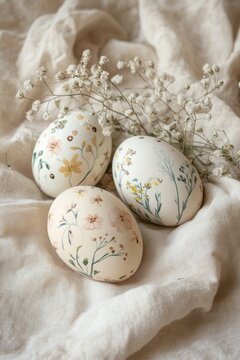 Minimal Easter still life with hand painted floral eggs on linen fabric and dried gypsophila, neutral palette, cozy spring home decor concept, soft light, copy space.