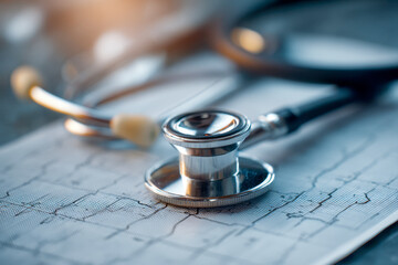 Medical stethoscope resting on an electrocardiogram printout symbolizing heart health and cardiovascular diagnostics in clinical settings