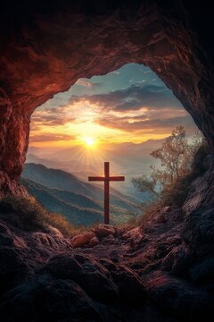 Glowing golden cross over world map, Christianity and faith concept, global church mission, spiritual hope and salvation, dark background, copy space.