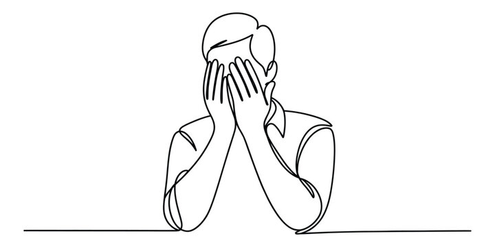 A person covering their face with hands in a continuous line drawing, symbolizing despair or frustration