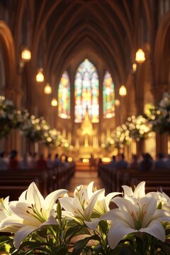 White Easter lilies in foreground inside glowing cathedral, Christian worship and Holy Week concept, stained glass and warm light bokeh, spiritual ceremony background with copy space.