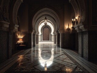 A long hallway with a large archway