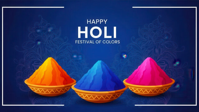 A vibrant illustration celebrating the indian festival of holi, showcasing three bowls of colorful gulal powder