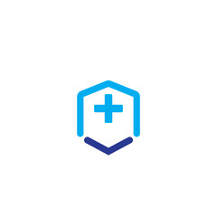 Obraz premium Medical shield logo with cross icon in blue. Healthcare protection symbol for hospital, clinic, insurance and health security design.
