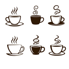 Obraz premium Six steaming coffee cup silhouettes with saucers in a clean monochrome set. Cozy cafe concept for hot drinks, morning break, and barista menu design.
