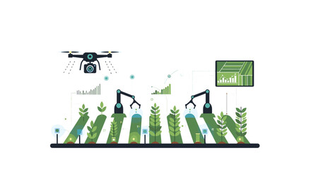 A black drone and two robotic arms interact with rows of green plants while digital graphs display data on a white background.
