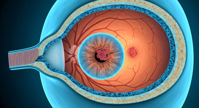 Detailed cross section of human eye displaying internal anatomy and a pathological condition