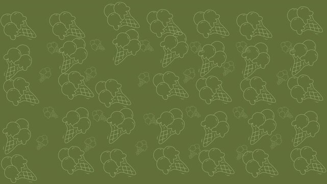 Food doodle ice cream cones outline olivegreen background, suitable for stationery, kitchen decor, packaging, and sweetthemed projects. Whimsical design pattern.