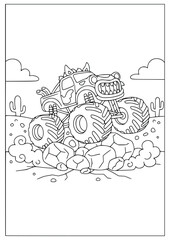 Monster truck coloring page for kids with big wheels and outdoor scenery © Inkartia
