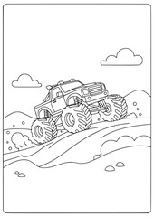  Monster truck coloring page for kids with big wheels and outdoor scenery © Inkartia