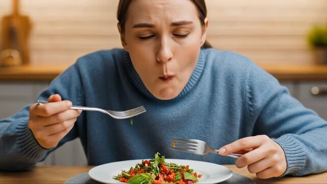 Person experiencing anosmia, inability to smell or taste, as the individual hesitantly tries a bland meal, reflecting loss of flavor perception and a challenging dietary experience due to health