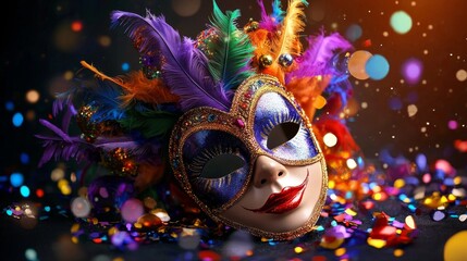 A festive mardi gras mask showcasing vibrant feathers.
