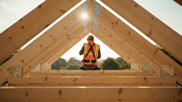 Construction worker in safety gear checks blueprints on a wooden roof truss under a bright, clear sky, symbolizing building and development.