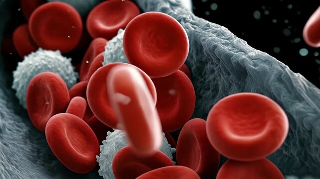 Microscopic 3D animation of red and white blood cells flowing through a human vein, illustrating the immune system, healthcare, medical research, and biological processes.