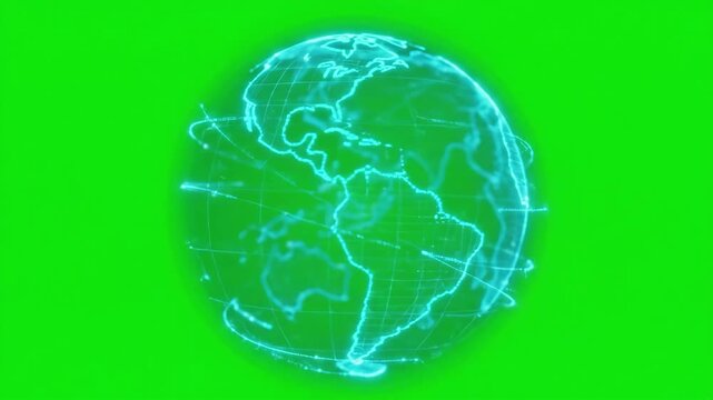 Digital holographic Earth globe rotating westward with network connections on a green screen, representing global data flow and technology
