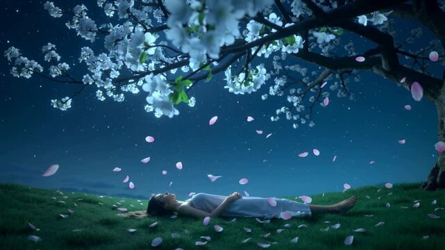 Sleeping woman lies calmly on the grass beneath the tree, illuminated by soft moonlight. Her hair moves gently in the night breeze. The stars above twinkle subtly across the deep blue sky.