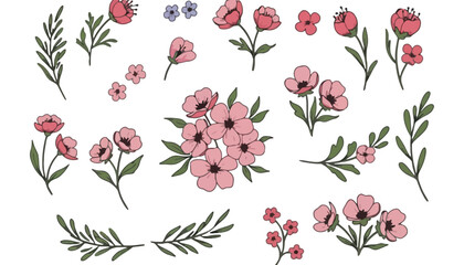 A beautiful floral illustration of pink flowers and green leaves on white background