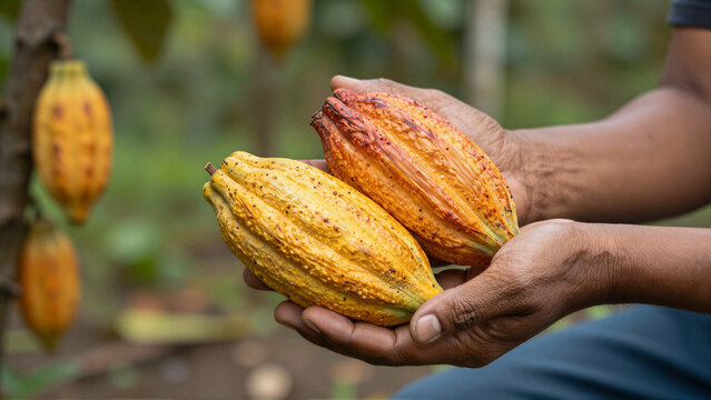 Close-up of hands holding two vibrant cacao pods, a crucial tropical fruit. This fresh cocoa harvest represents the start of delicious chocolate production