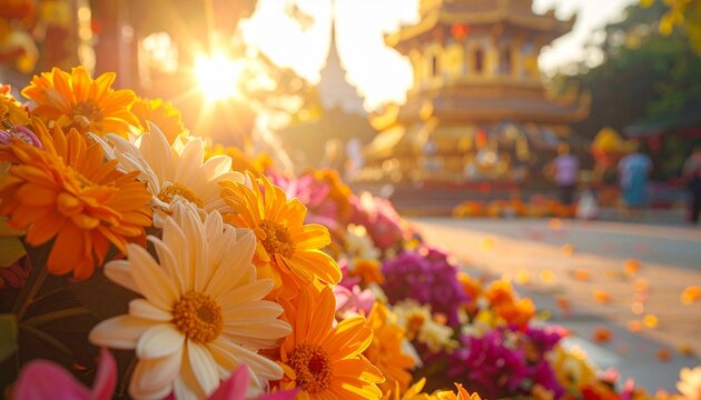 Close up of colorful daisies and flowers at the Kakku Pagoda Festival in Taunggyi Myanmar with cinematic sun flare