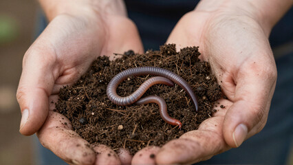 Hands holding rich soil with earthworms for healthy garden growth