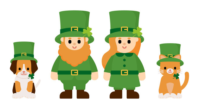 St.Patrick themed clipart set featuring male and female leprechauns plus dog and cat wearing festive hats. Perfect for party decor, greeting cards, posters, stickers, and seasonal designs.
