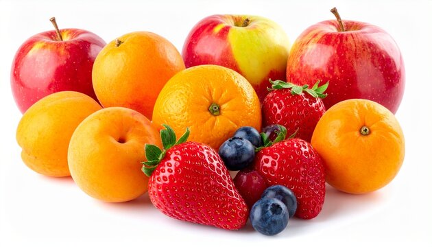 assortment of fresh fruits isolated on pure white background, natural soft shadow, high detail texture, professional food photography, ultra high resolution, sharp focus, clean composition, commercial