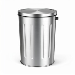 Silver Metal Trash Can with Lid on White Background Studio Shot