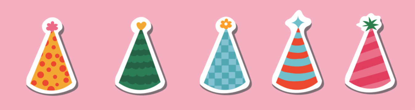 Set of stickers with hand drawn birthday doodle for planners, notebooks. Ready for print list of cute stickers with party cone and Christmas cap. Simple birthday party hat in bright color.