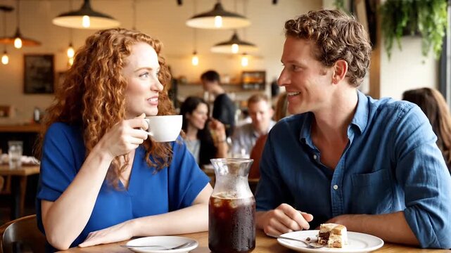 Couple in a cozy cafe sharing coffee and cake, laughing and talking