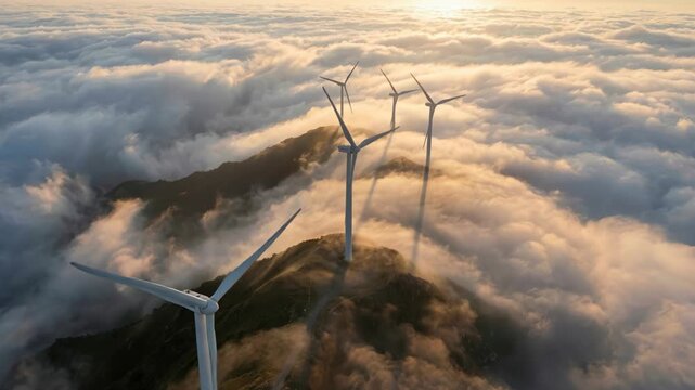 Aerial view of majestic wind turbines spinning above a thick blanket of white clouds during a golden sunset, representing clean renewable energy and sustainable future technology.