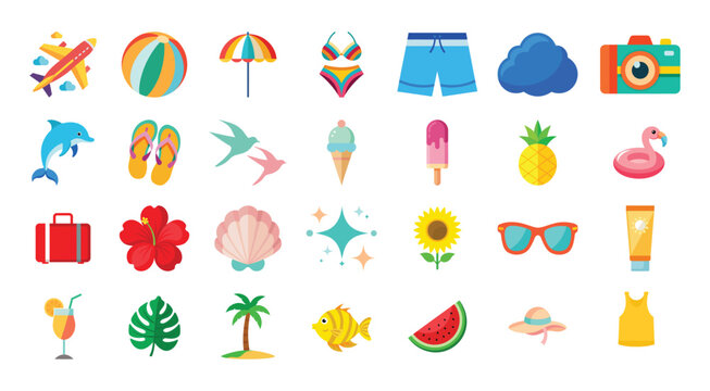 Summer vacation icon set featuring beach accessories travel items and tropical sea life elements
