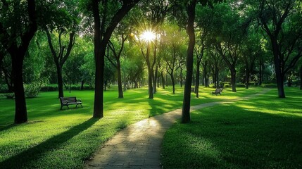 Peaceful outdoor scene illuminated by bright sunlight through trees.