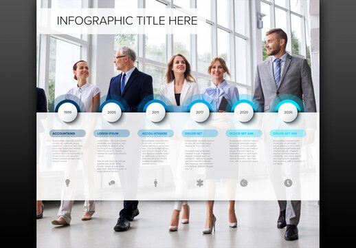 Business Team Timeline Infographic with big photo placeholder in tha background