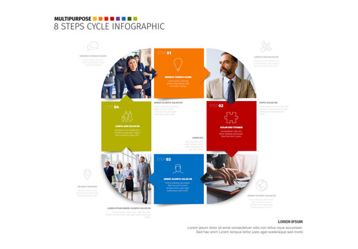 Business 8 Steps Cycle Infographic Template with Professional Photo Placeholders