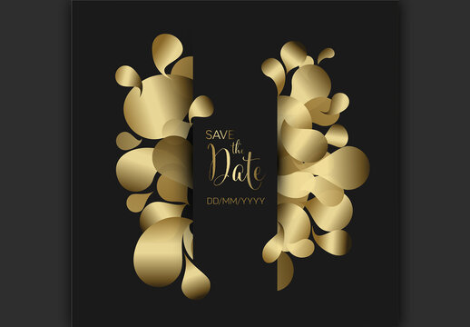 Elegant Save the Date Invitation with Golden Abstract Drops on Black Background