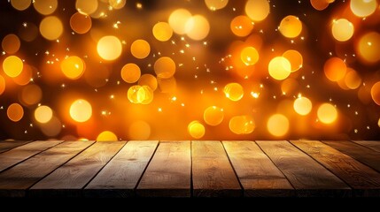 Rustic wooden table set against a backdrop of Christmas bokeh lights.