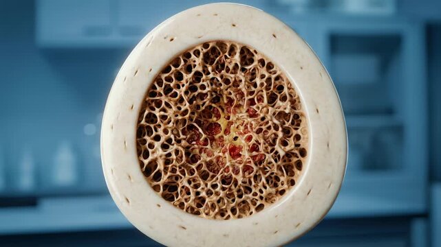 3D medical animation showing a cross-section of human bone structure with porous spongy bone and marrow, illustrating healthy anatomy or the effects of osteoporosis in a lab setting.