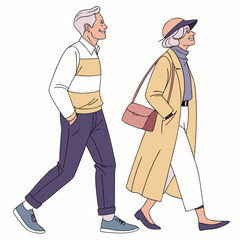 An elderly couple walking together outdoors
