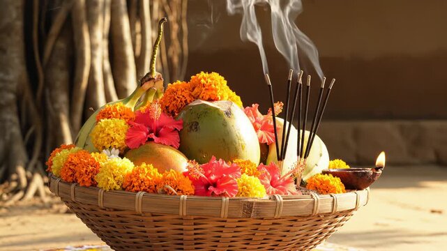 Woven Basket Overflowing With Fresh Fruit And Incense Sticks Smoldering With Wisps Of Smoke