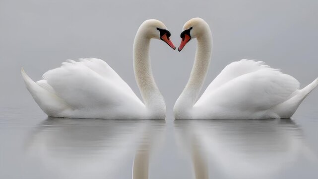 Romantic love theme for Valentines Day. Two white swans gracefully swimming in a tranquil body of water, their reflections shimmering on the surface. The background is a muted gray.