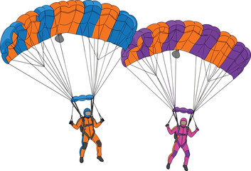 Colorful Parachuting Skydivers Vector Illustration with Orange Blue and Purple Parachutes Isolated on White Background for Adventure Sports Design © SUMON